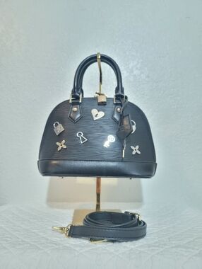 Trendy Black Dome Satchel with Gold Accents and Charms, Lock & Key